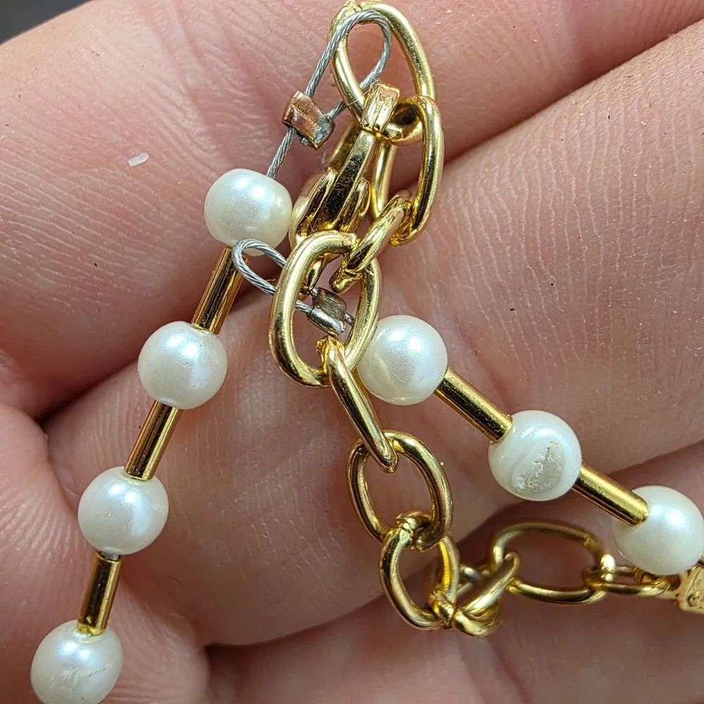 Napier Gold Tone Faux Pearl Bar Link Necklace 17 Inch Adjustable Clasp